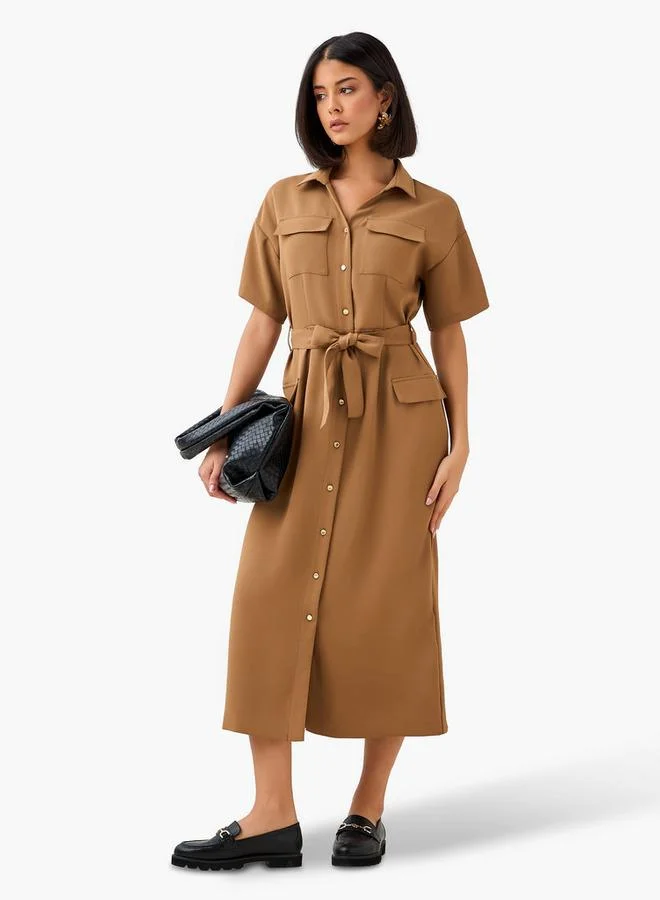 ايكونيك Iconic Midi Belted Shirt Dress with Pocket Detail